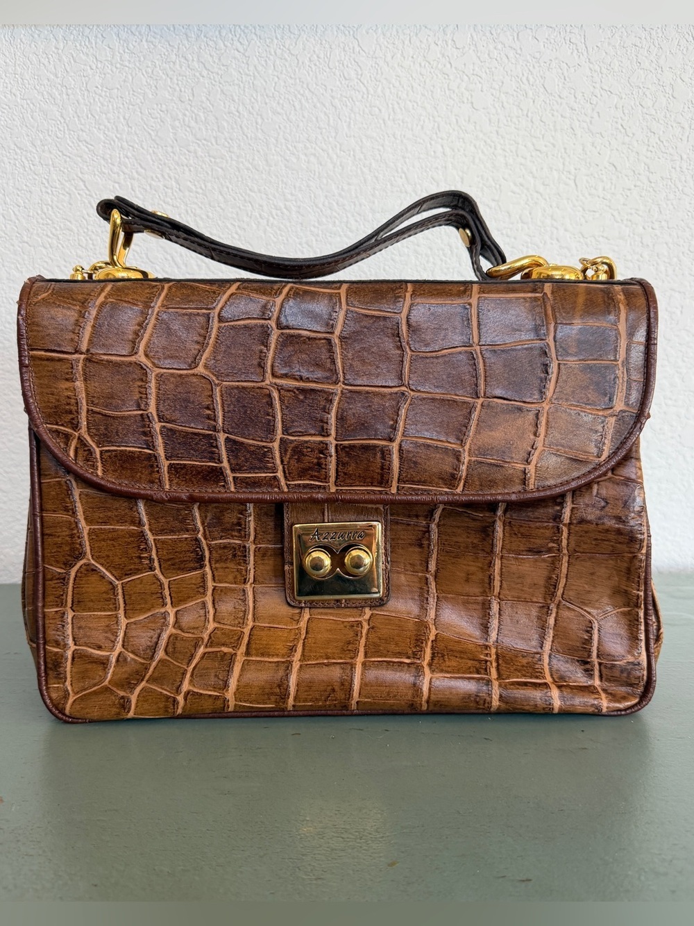 Vintage Azzurra - Italian Croc-Embossed Brown Leather Satchel with Gold Hardware